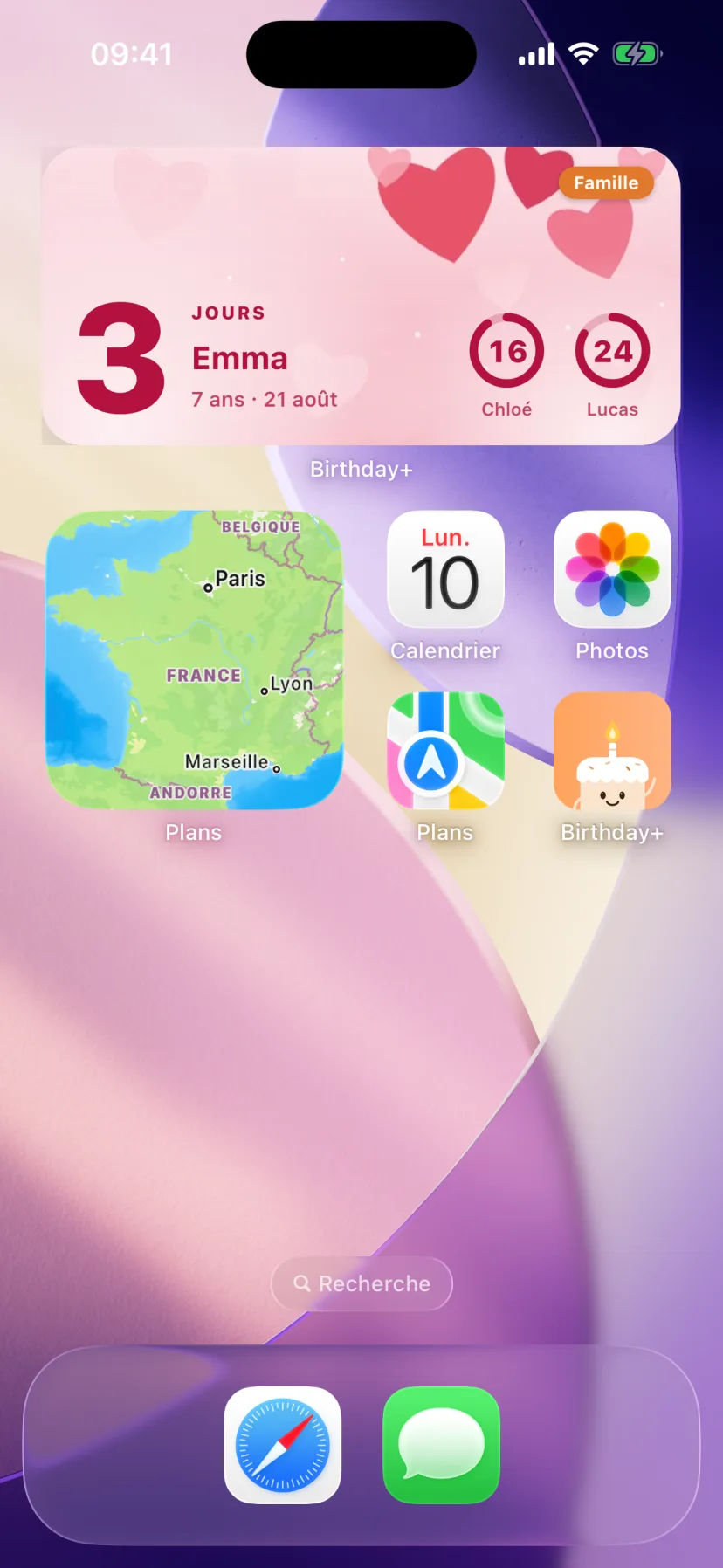 Le widget Birthday+ sur l'écran d'accueil